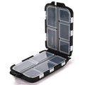 Plastic fishing tackle storage box with 10 internal compartments, shown in black, blue, and green.