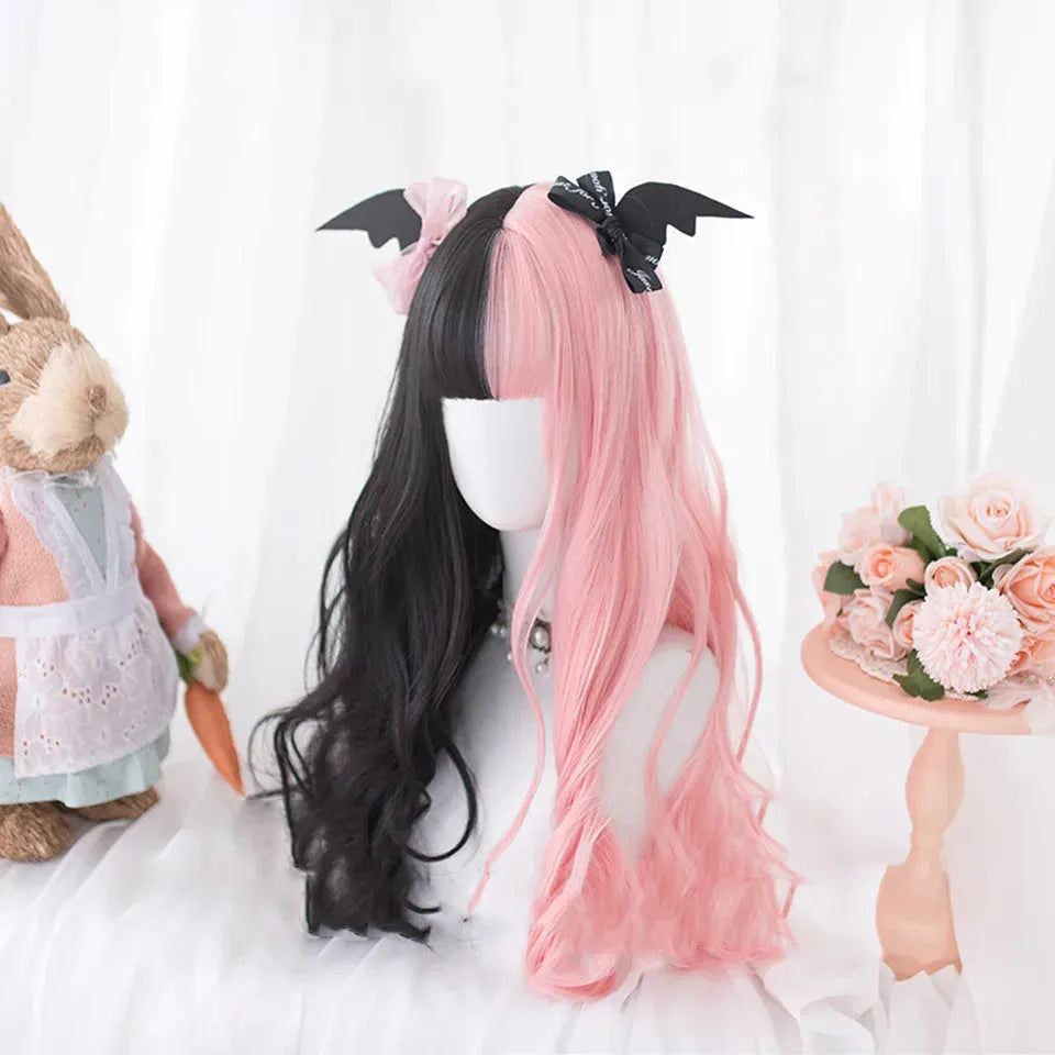 Harajuku Lolita Lo Niang long curly wig with bangs in Black Pink, high-temperature fiber cos wig for ladies