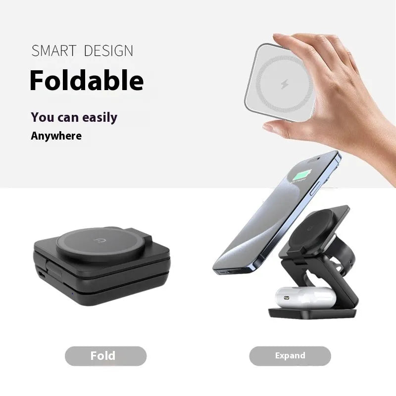 Foldable magnetic wireless charger mobile phone holder in white or black with QC3.0 fast charging