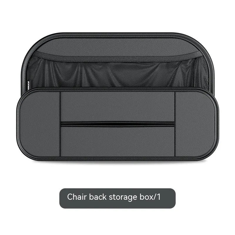Black leather car seat rear storage bag mounted behind a vehicle seat
