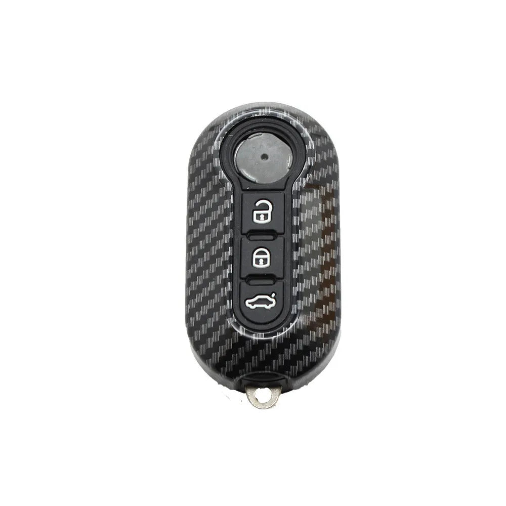 Fiat 500 Boyue ABS plastic remote key shell with carbon fibre pattern in black, red, and dark blue colours