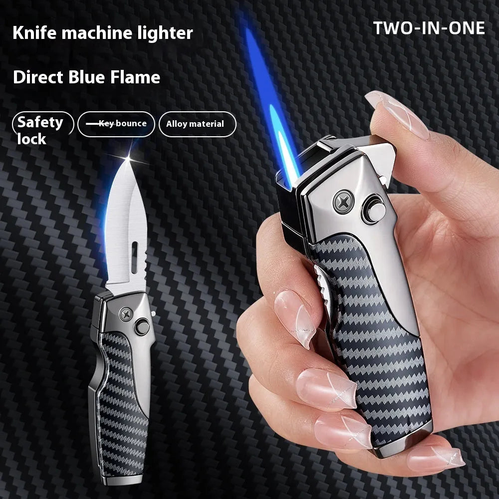 Outdoor metal folding lighter with integrated knife in various colour and texture finishes