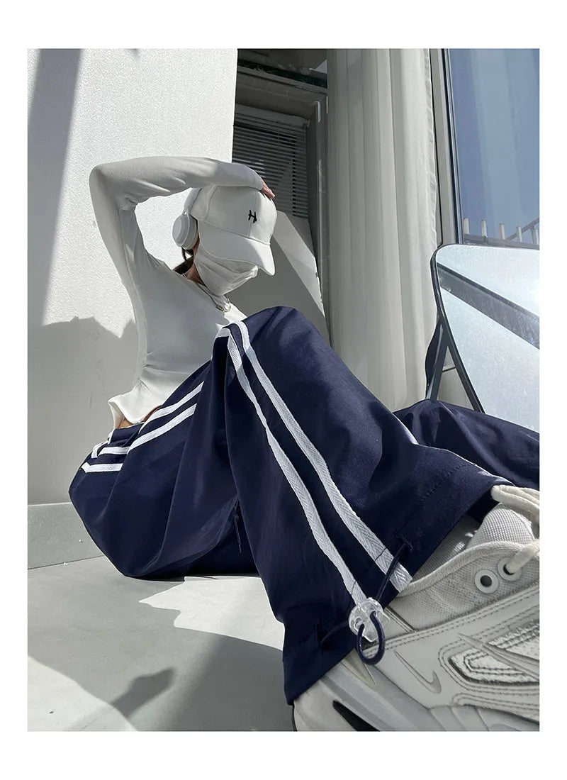 Ribbon parallel bars contrast colour slimming draping pants in thin fabric with low waist
