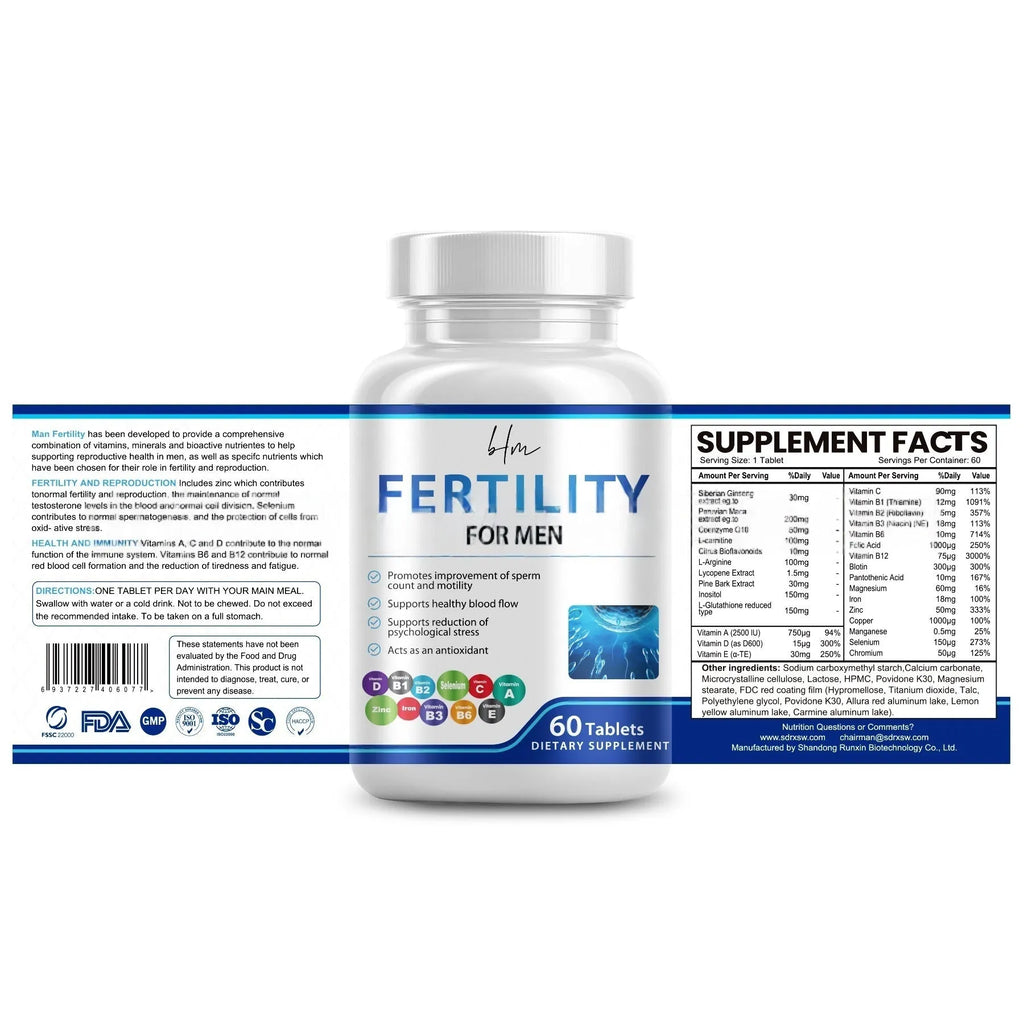 Bottle of 60 male fertility tablets with vitamin mineral amino acid formula