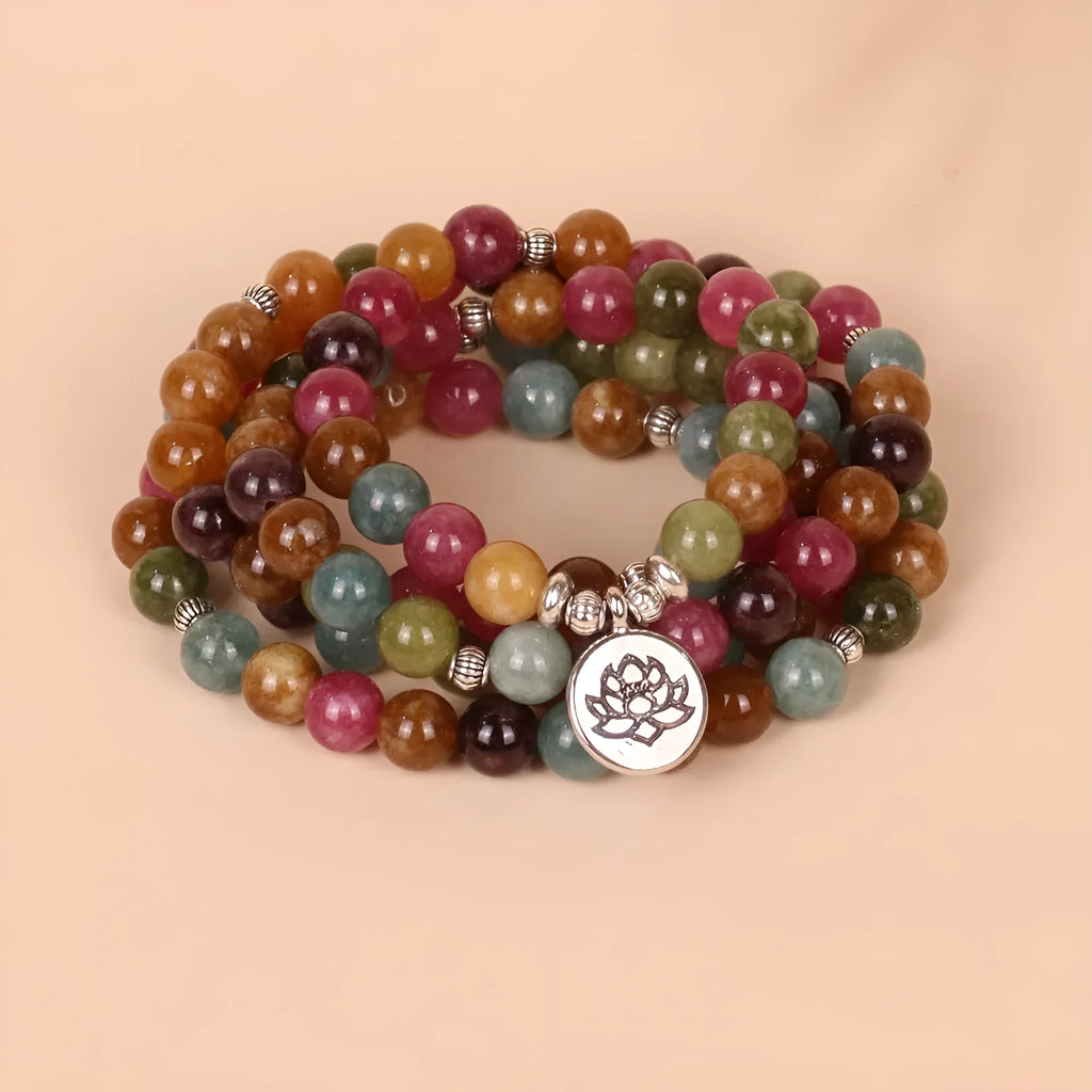Lotus 108-bead hanging bracelet with multi-layer design in tourmaline colour and alloy construction