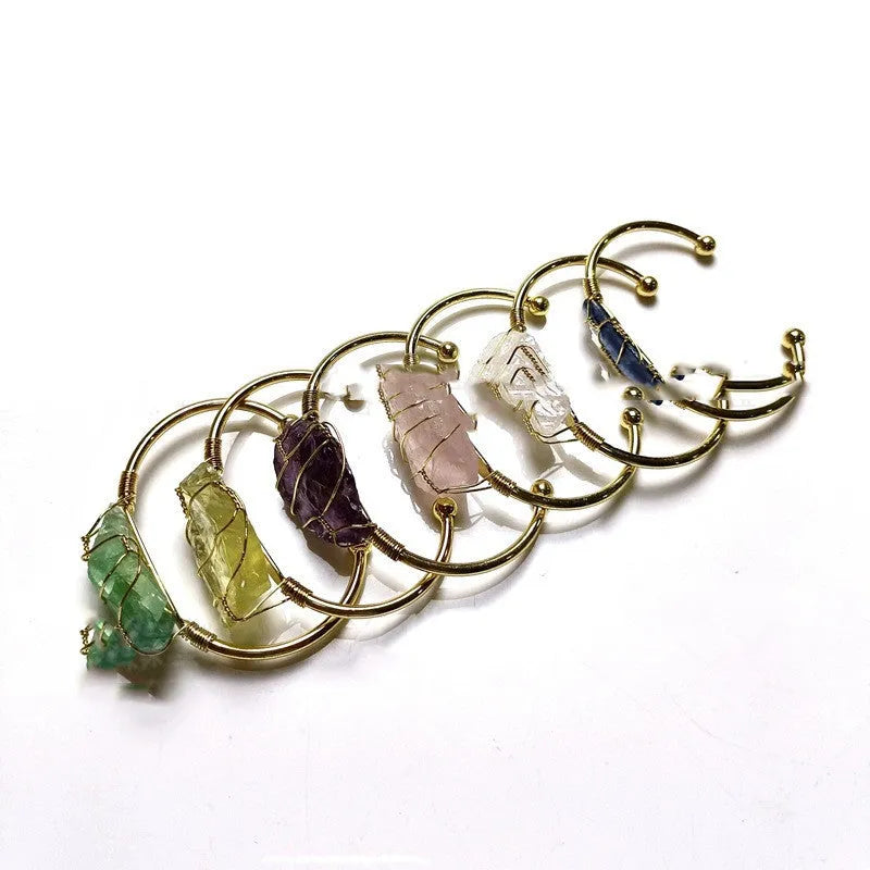 Natural crystal rough stone bracelet with gold winding geometric design in bohemian ethnic retro style