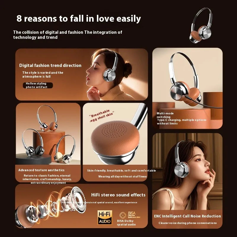 Retro metal head-mounted Bluetooth headset in Silver Brown, Silver Black or Apricot with Jerry chip and 10-metre range