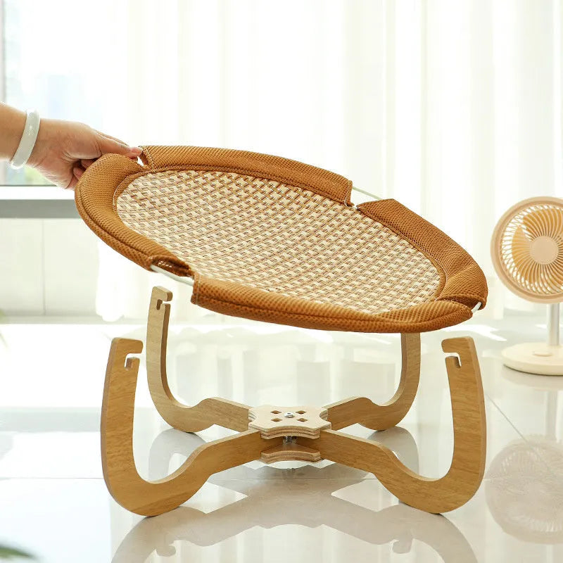 Brown woven rattan pet hammock bed with 46cm square dimensions and 17.5cm height