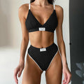 Women's embroidered bikini set with contrast binding in black, grey, or white