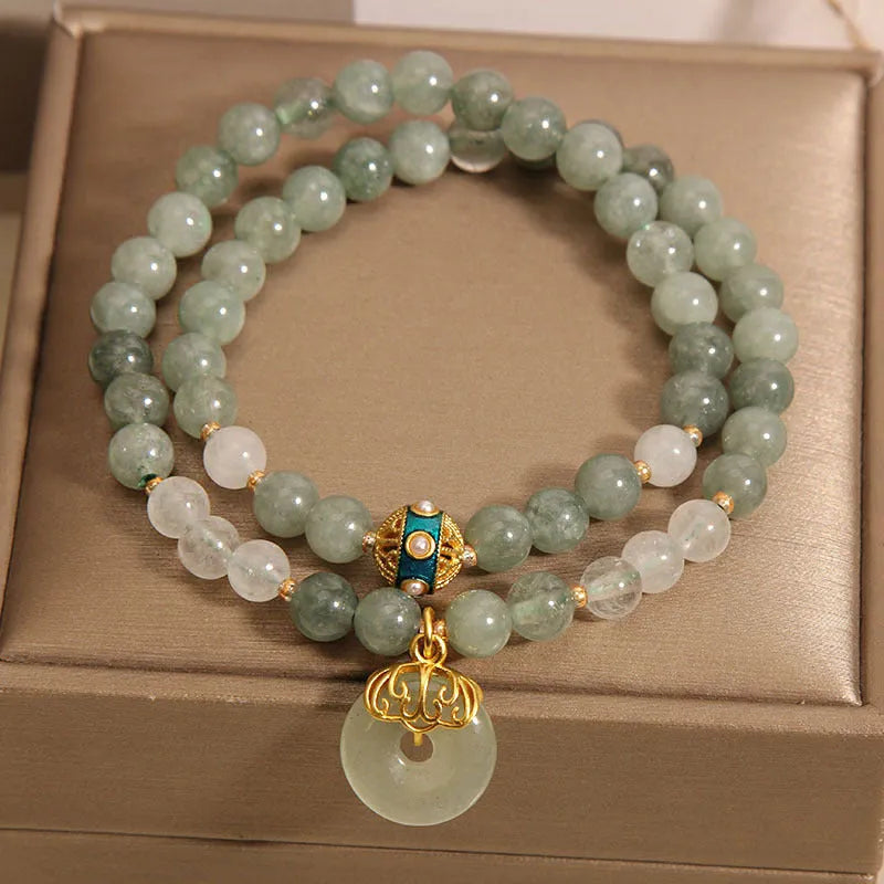 Double-layer women's bracelet with aventurine jade, crystal, rhinestones, and peace buckle in emerald green