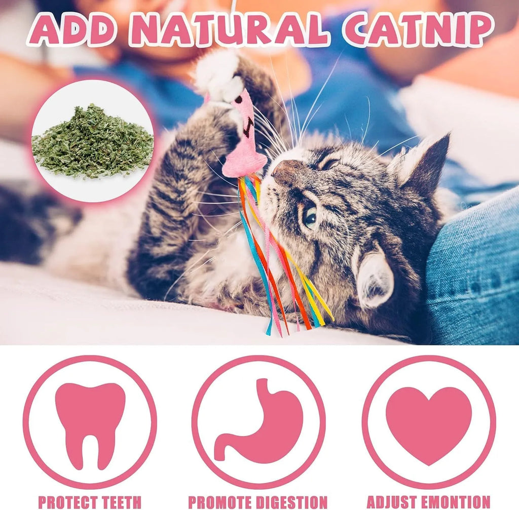 Cat wand toy with wooden handle, elastic string, catnip fish, colourful ribbons and metal bell