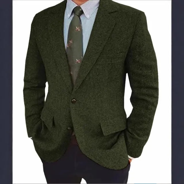 Men's brown herringbone suit jacket with long sleeves and retro business casual style.