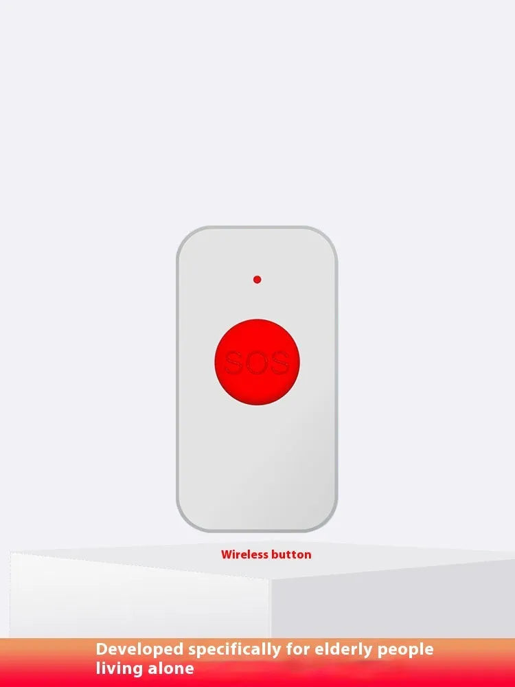 White emergency alert device with central buzzer unit and three wireless button pendants for elderly care