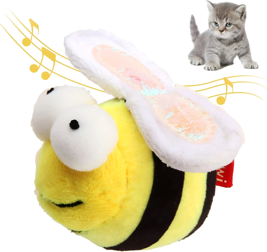 Yellow bee-shaped flannelette cat toy with electronic motion-activated squeaking sound