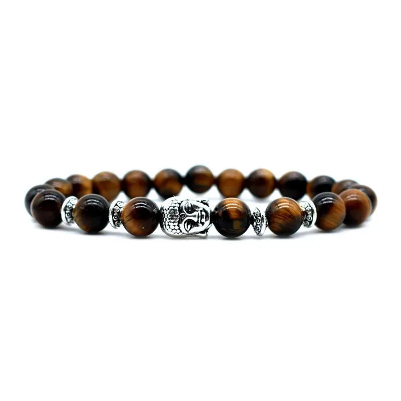 Unisex adjustable bracelet with a large 19mm Buddha head bead, options include amethyst, black agate, and Tiger Eye.
