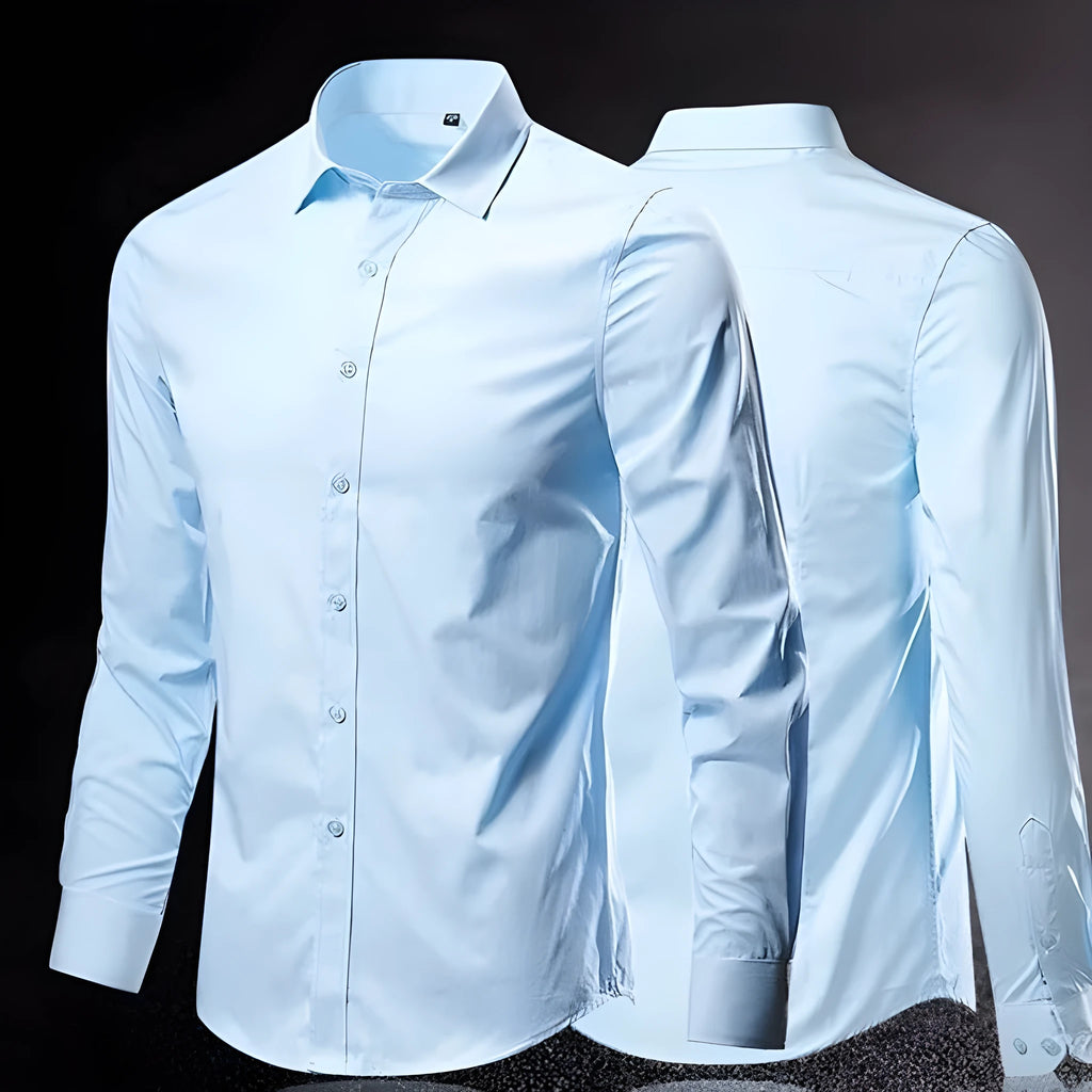 Loose fit long-sleeve linen shirt on a hanger, shown in a light colour.