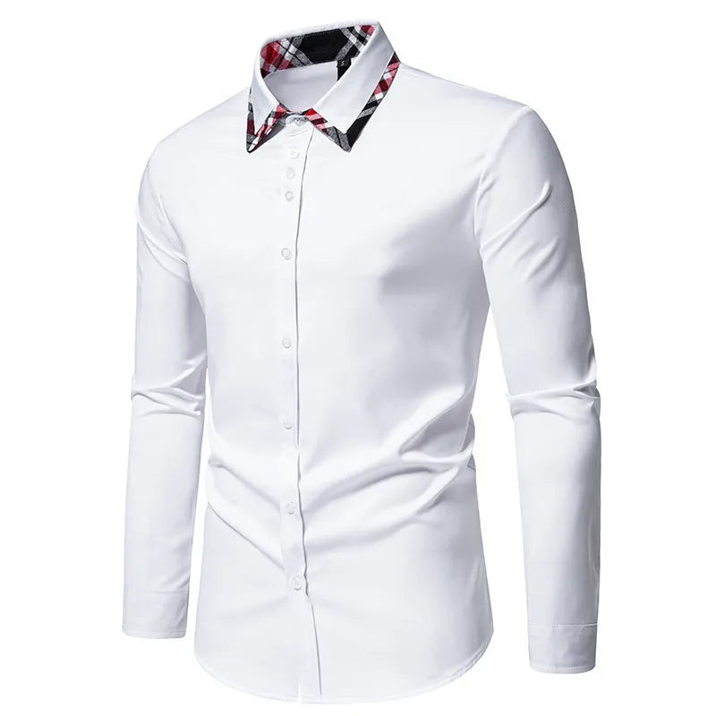 Men's plaid contrast triangle collar long sleeve shirt in polyester blend fabric