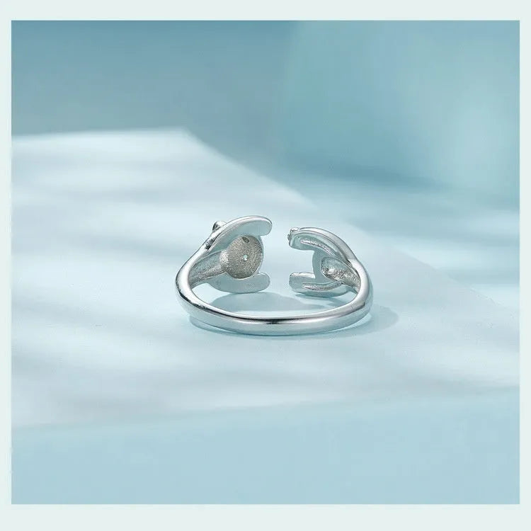 Sterling silver adjustable open ring bracelet with panda motif and white gold plating