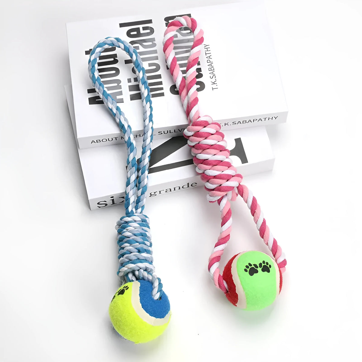 38cm striped cotton rope dog toy in red/white or blue/white patterns