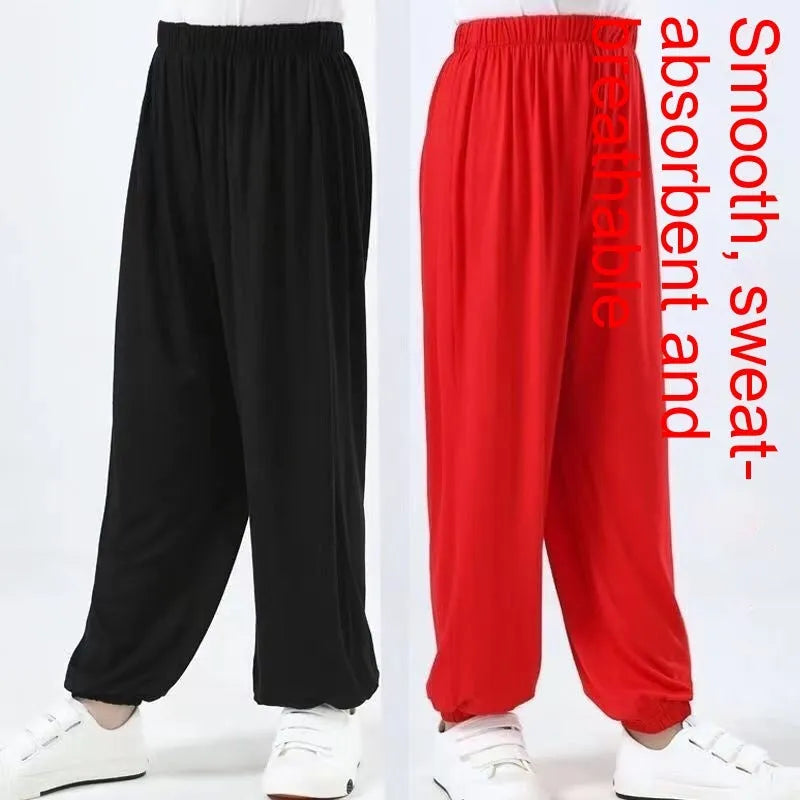 Children's high-elasticity Sanda practice pants in Lycra fabric available in black, red, or white colours