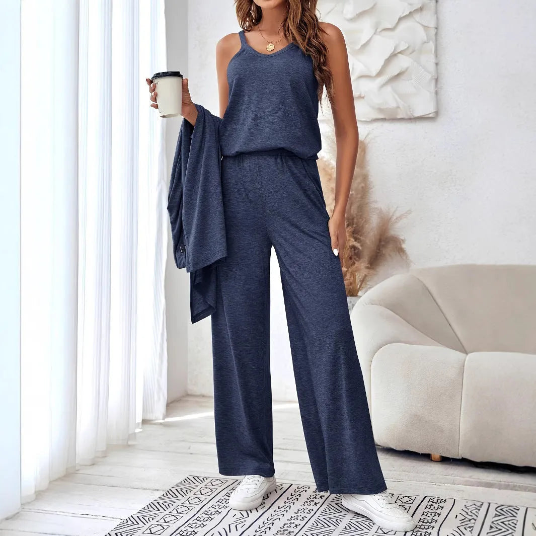 Women's blue polyester casual three-piece suit set with top, trousers, and suspenders