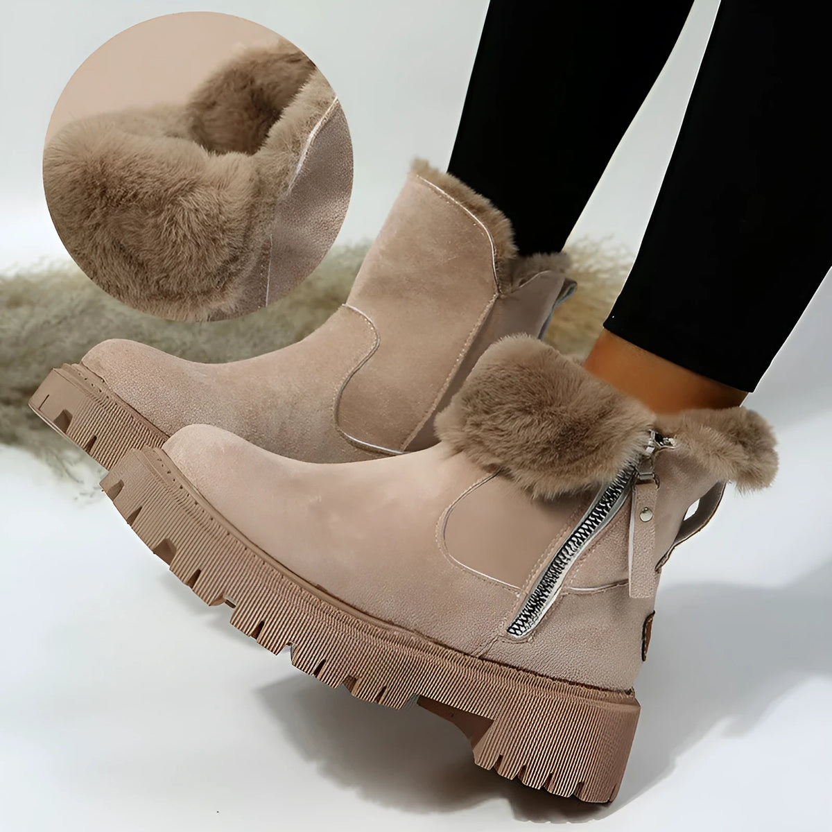 Women's black faux suede high-top snow boots with side zip and non-slip rubber sole.