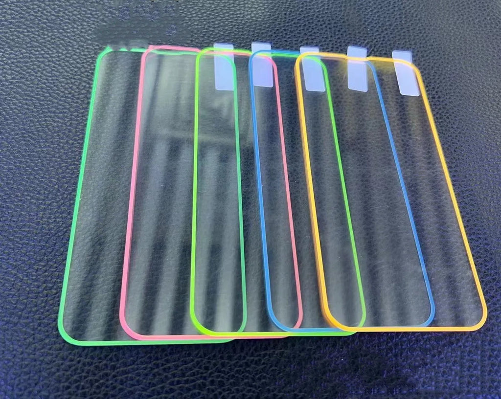 Luminous tempered glass screen protector for iPhone with glowing pink edge on a mobile phone.