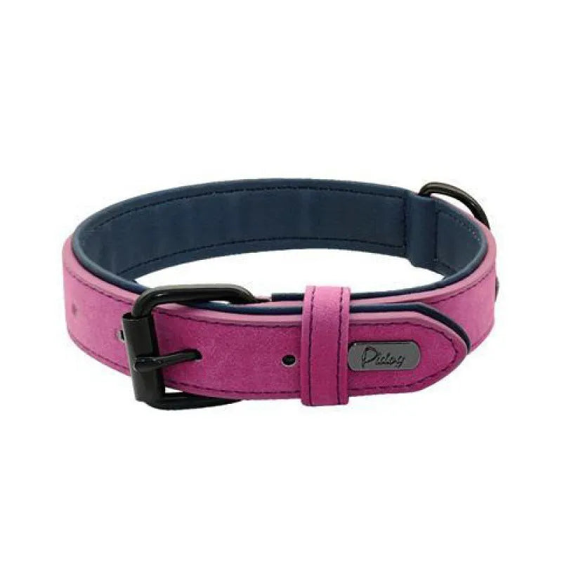Adjustable double-layer dog collar in purple, showing PU front and microfiber back, with a buckle.