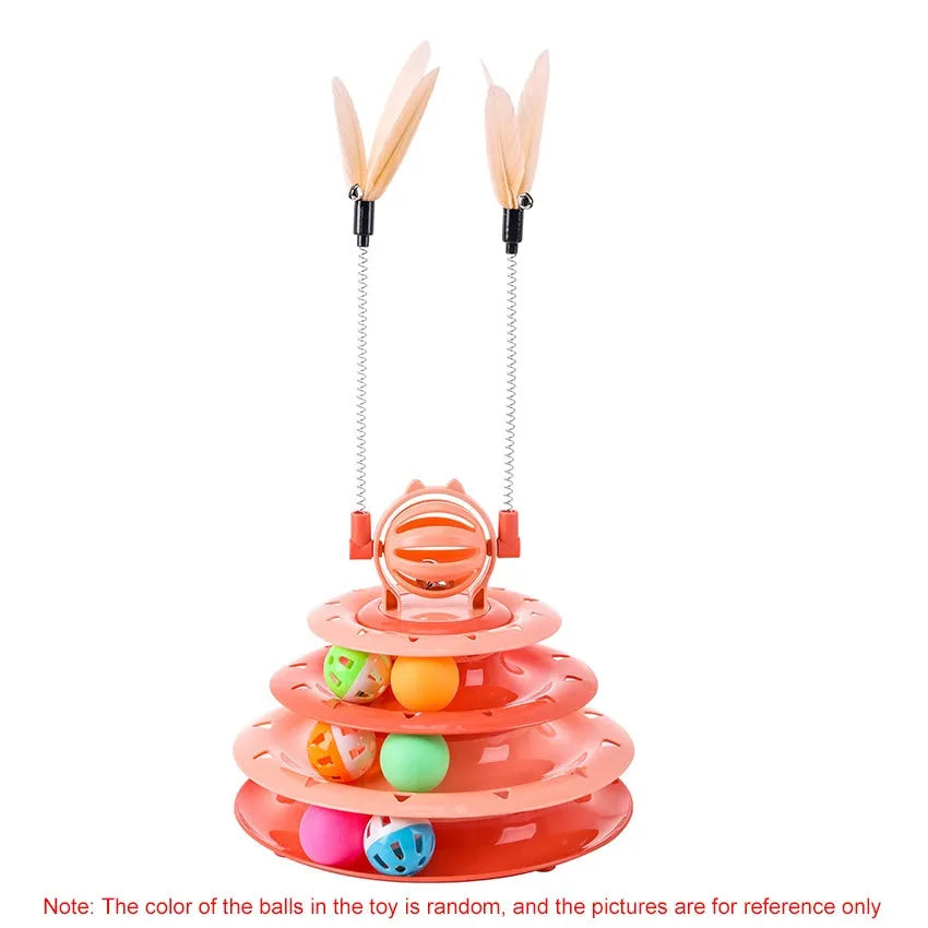 Blue 4-tier cat puzzle toy with balls and teasing rods on non-slip base
