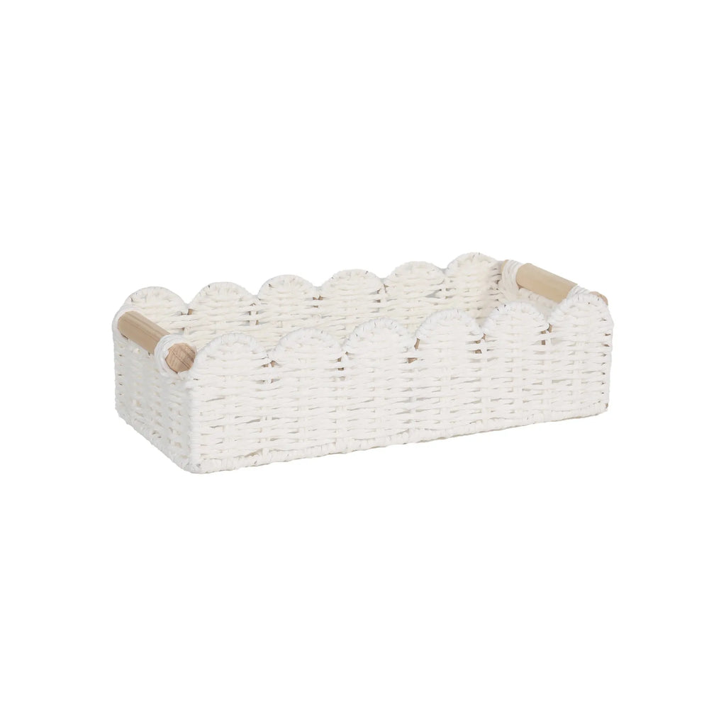 Woven paper storage basket in modern style for organising remote controls stationery cosmetics jewellery on desktop