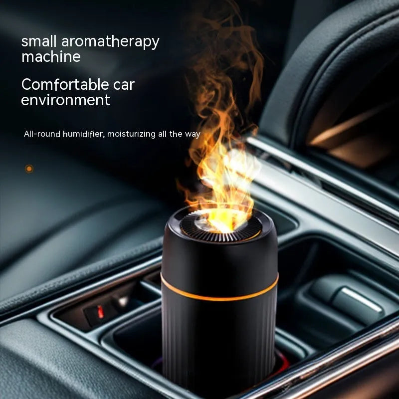 Car simulation flame aroma diffuser with USB cable, measuring 70x70x143mm in black or white plastic