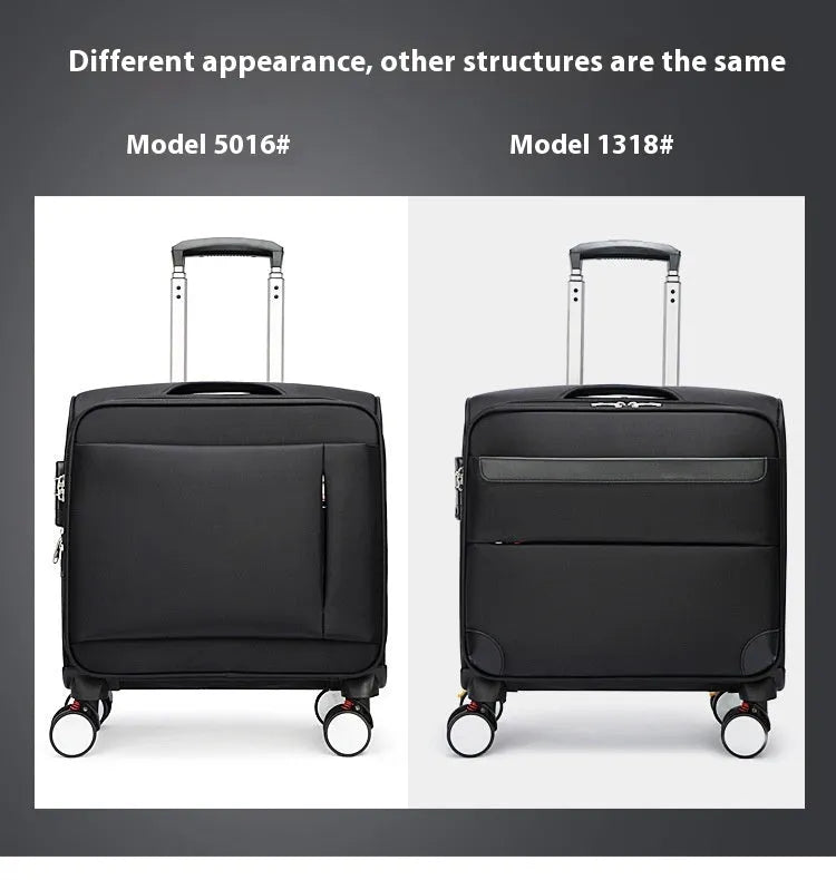 Black 18-inch Oxford cloth business suitcase with retractable handle and wheels.