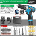 12V two-speed multi-function impact pistol drill electric screwdriver set in a luxury plastic box.