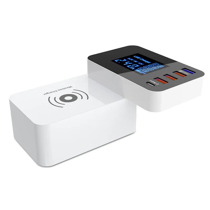 White multi USB port fast charger with built-in 10W wireless charging pad, plug adapters, and cable.