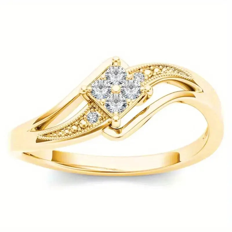 Women's diamond-shaped copper ring with micro inlaid zircon stones in yellow gold colour