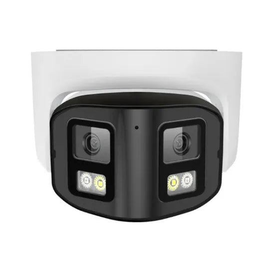 Outdoor security camera with dual lenses, measuring 124x72x201mm with IP66 waterproof rating