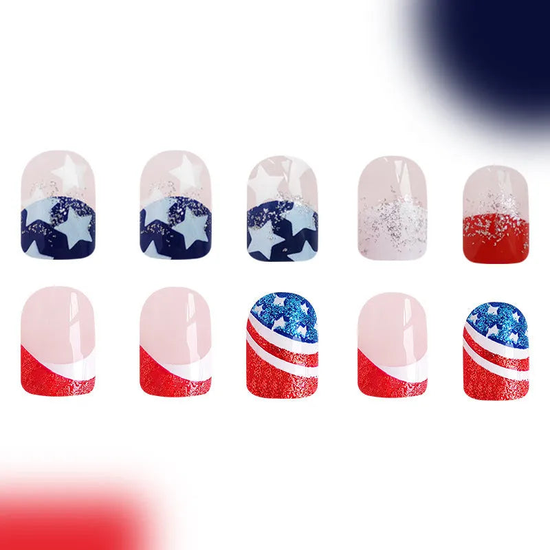 American Independence Day false nail set with 5-point star designs in European square short nail format