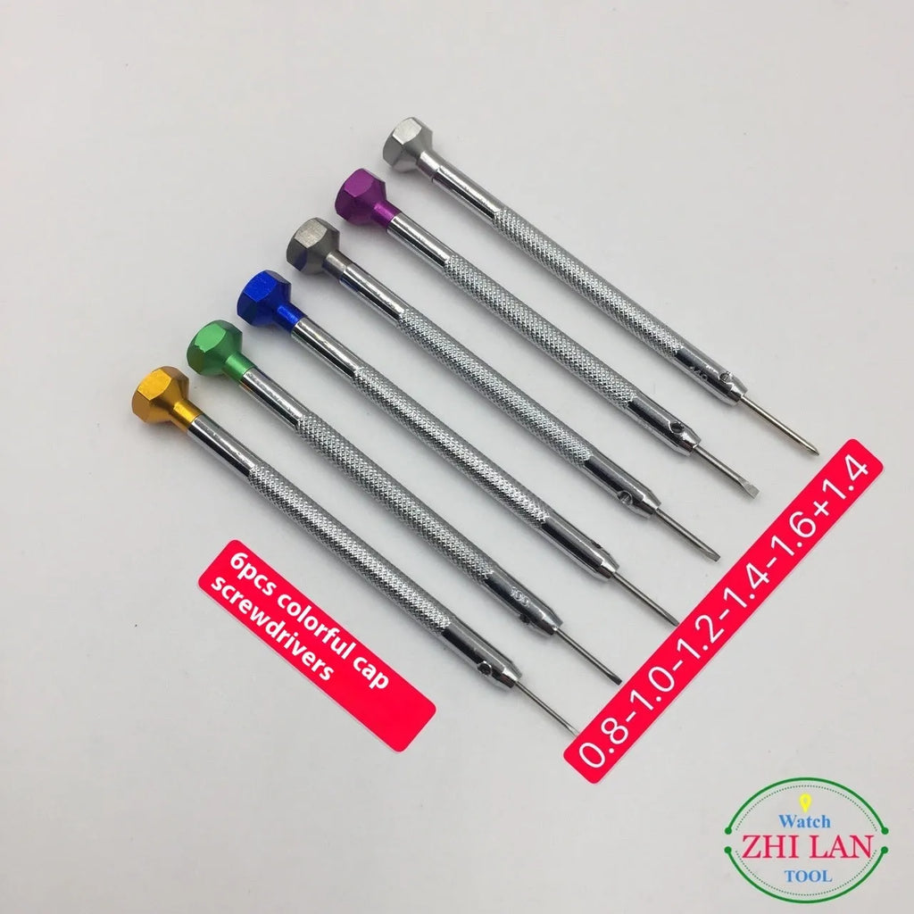 Six coloured aluminium handle screwdrivers for watch repair with spring steel cutter heads