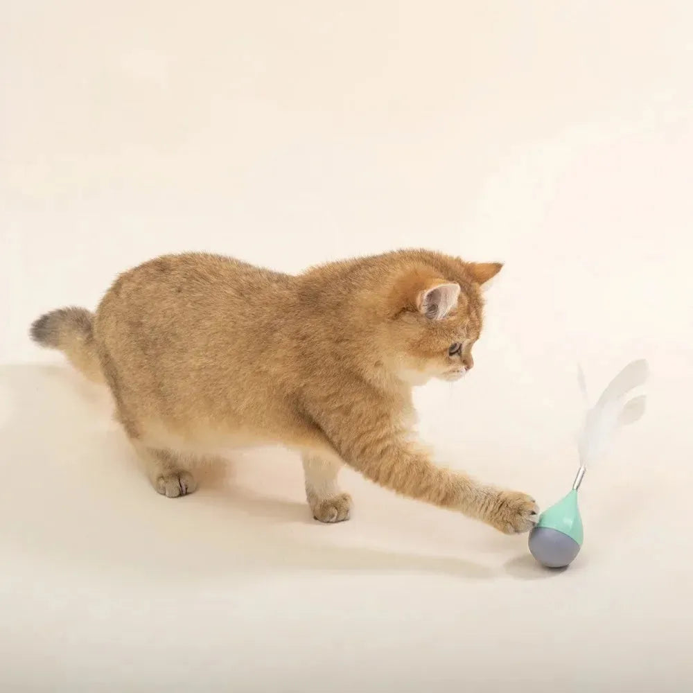 Green or pink feather tumbler cat toy with self-healing base and goose feather teaser.