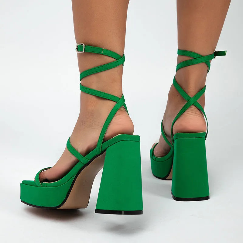 Women's chunky high heel strap sandals with square toe, PU upper, rubber sole, one-line buckle, sizes 34-42.