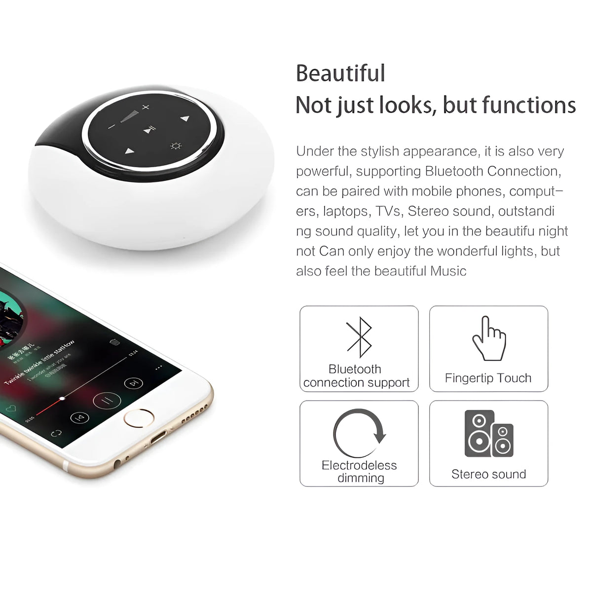 Blue Bluetooth speaker desk lamp with LED light and touch controls on wooden desk