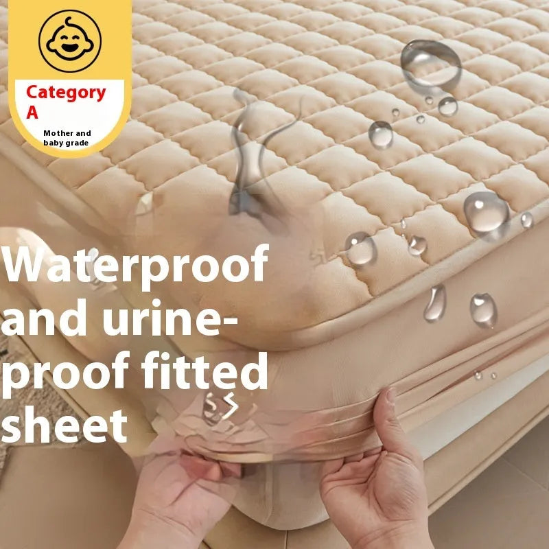 Class A waterproof fitted sheet in washed cotton, shown in light grey colour on a child's mattress.