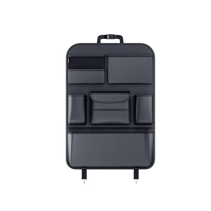 Black leather car seat back storage hanging bag with handle in two size options