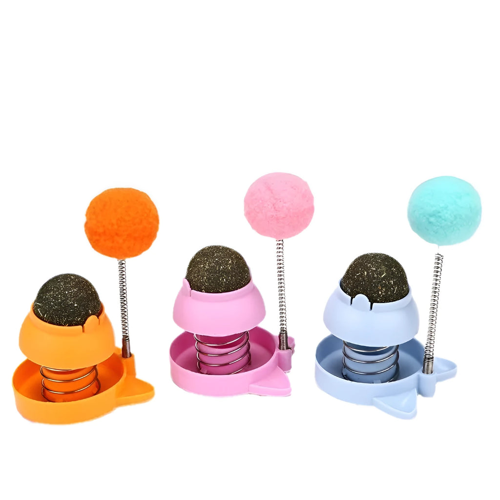 Lucky cat design licking toy with mint ball for cats in blue, orange, or pink colours