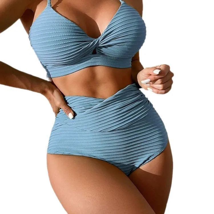 Solid colour polyester bikini two-piece swimsuit in navy blue, orange red, olive green, or sea blue.