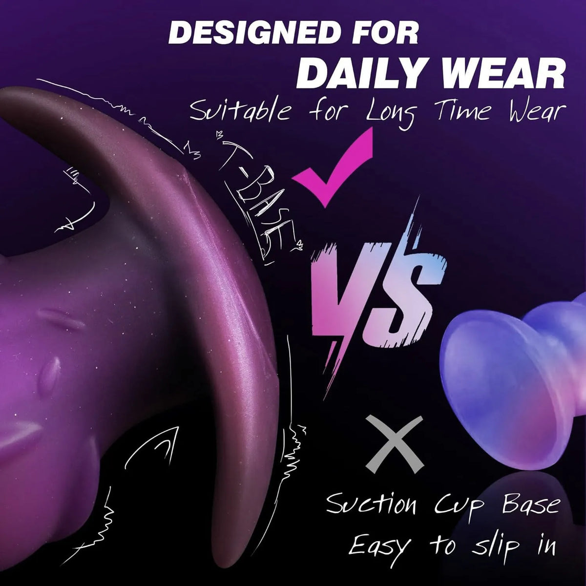 Liquid silicone wearable masturbator sex toy shown in purple, gold, and black colour options.