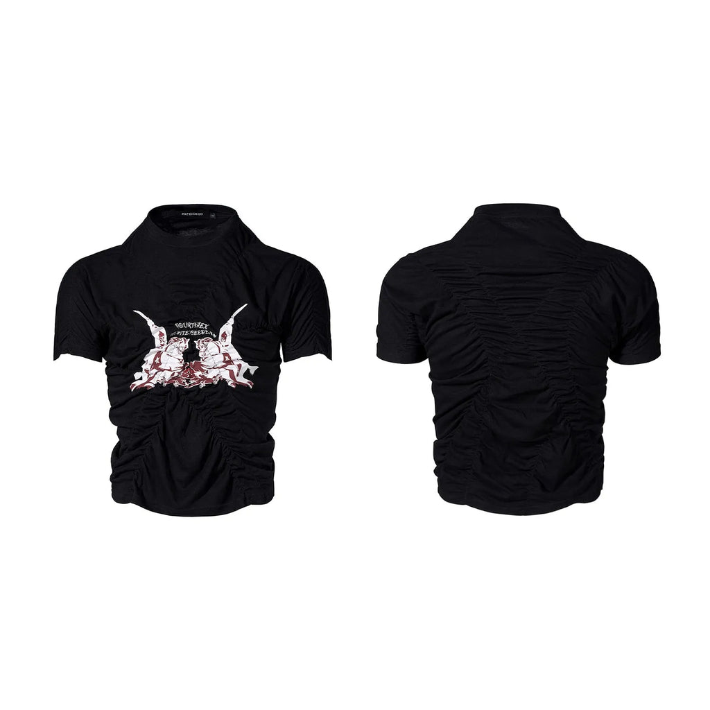 Black slim fit men's short sleeve T-shirt with a printed design, shown on a model.