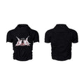 Black slim fit men's short sleeve T-shirt with a printed design, shown on a model.