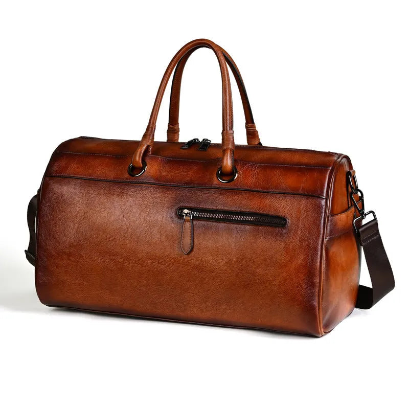 First layer cowhide leather retro handbag with below 20L capacity in brown colour