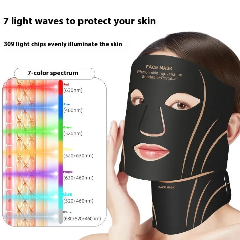 Black gold coloured IPL and LED photon beauty mask device with a headband and touch screen button.